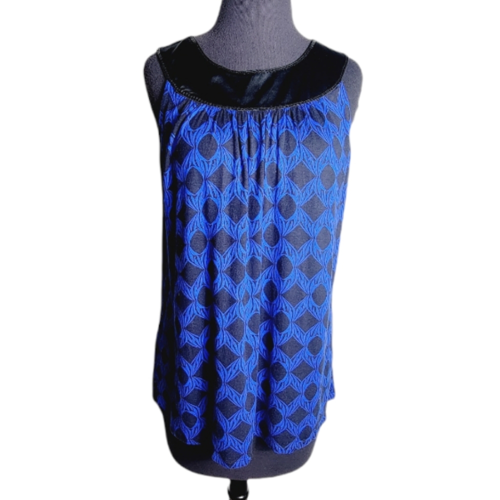 Express blue black geometric diamond print sleeveless satin yoke top women' L